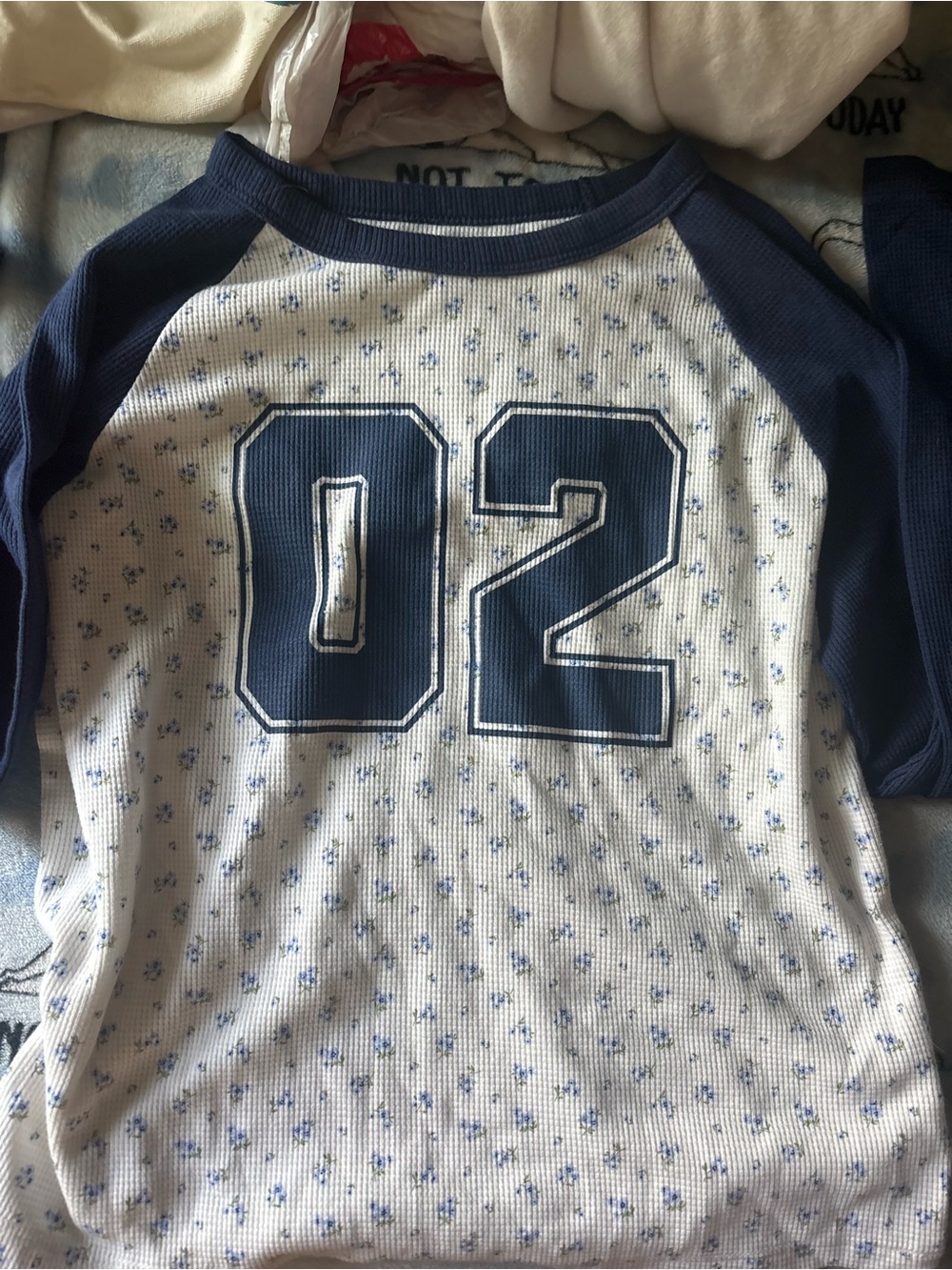 No Boundaries White & Navy Raglan Tee with '02' Graphic
